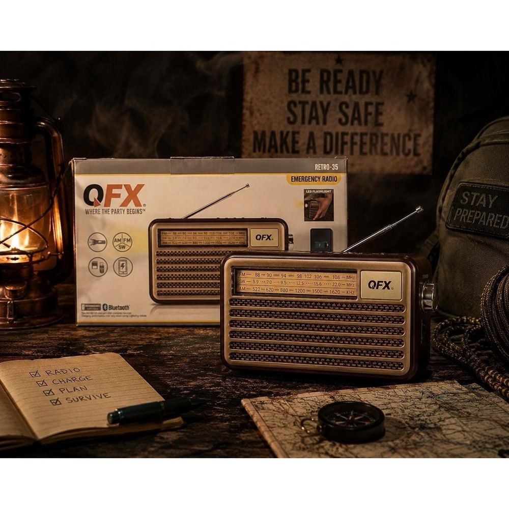 QFX RETRO-35 Emergency Radio Bluetooth AM/FM/SW Rechargeable Flashlight NEW